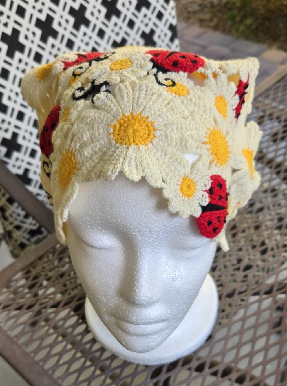 Crochet Daisy & Ladybug Headscarf - Cream and Yellow